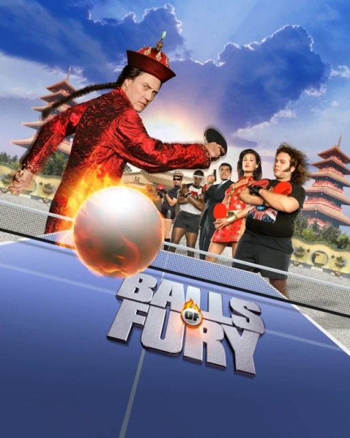 Movie poster for Balls of Fury featuring Christopher Walken and ping pong ball, set against pagoda backdrop with blue sky and table tennis table.