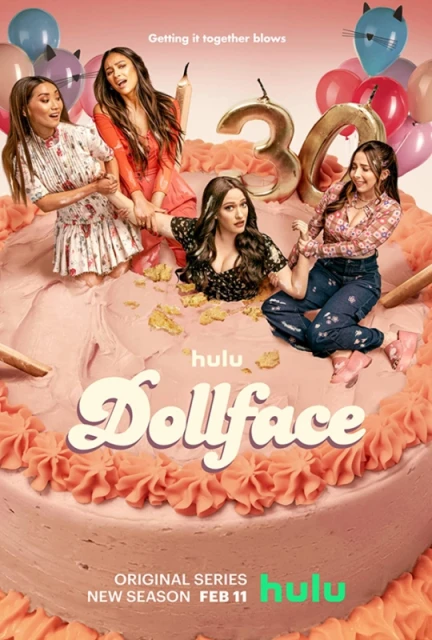 Promotional image for Hulu's Dollface featuring four women on a birthday cake with balloons. The TV series title is prominent.