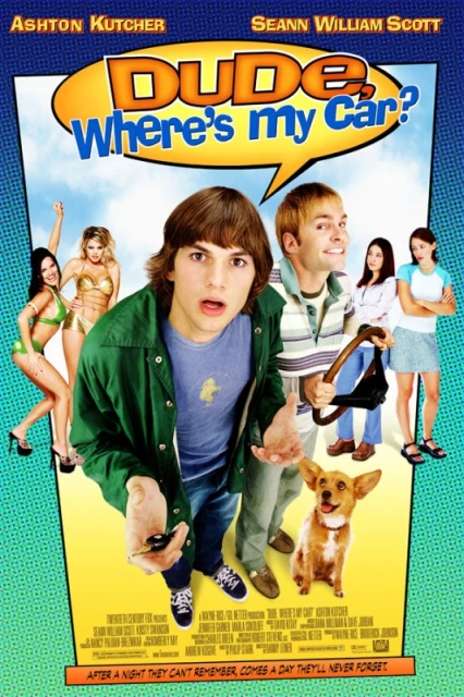 Movie poster for Dude, Where's My Car? featuring Ashton Kutcher and Seann William Scott, two women in bikinis, a dog, and text overlay.