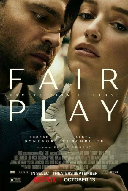Movie poster featuring two actors, Phoebe Dynevor and Alden Ehrenreich, promoting the film 'Fair Play,' set for release in October.
