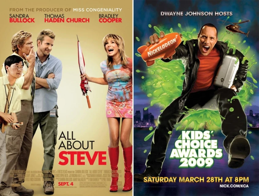 Two movie posters side by side: 'All About Steve' with Sandra Bullock and 'Kids' Choice Awards 2009' featuring Dwayne Johnson.