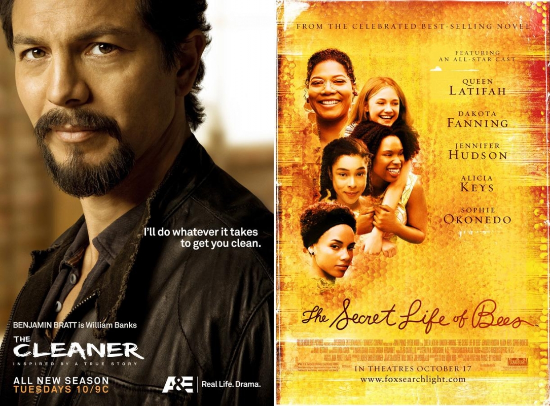 Movie posters showcase actor Benjamin Bratt from 'The Cleaner' and the cast of 'The Secret Life of Bees' against a blurred background.