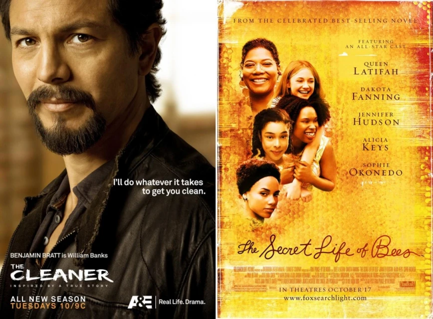 Movie posters showcase actor Benjamin Bratt from 'The Cleaner' and the cast of 'The Secret Life of Bees' against a blurred background.