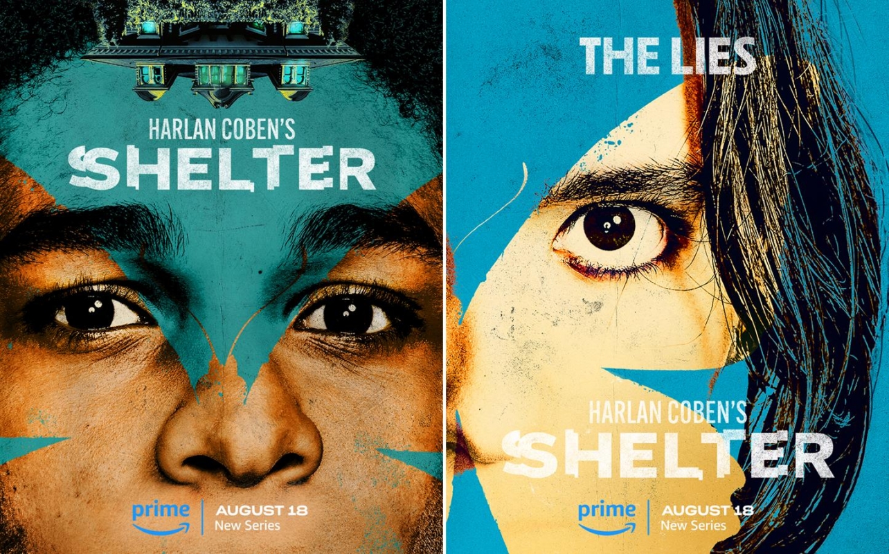 Movie poster for Harlan Coben's Shelter features close-up of two faces divided by a teal geometric design; text includes Prime Video logo.