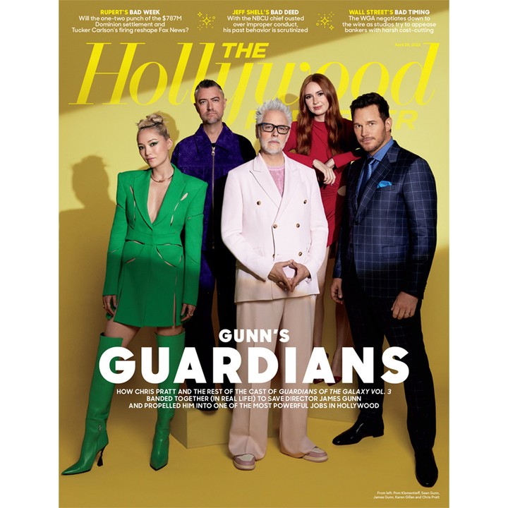 Magazine cover featuring the cast and director of Guardians of the Galaxy Vol. 3: Chris Pratt, Zoe Saldana, Karen Gillan, Dave Bautista, and James Gunn.