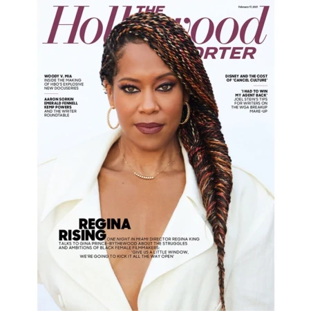 Regina King on The Hollywood Reporter cover with braided hair, wearing a white top and gold jewelry, with magazine text overlay.