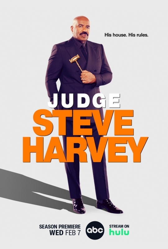 Promotional image for 'Judge Steve Harvey' features Steve Harvey in a dark suit, holding a gavel against a gradient background.