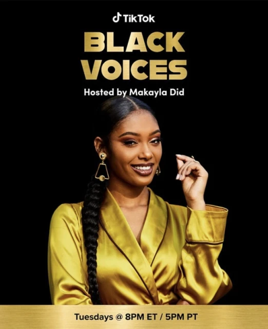Portrait of an adult woman with long braided hair wearing a gold silky top in front of a black background with gold text.