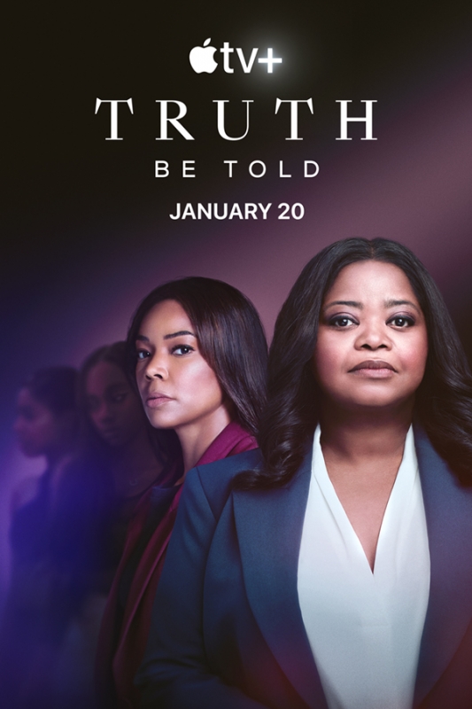 Movie poster for Truth Be Told featuring actresses Octavia Spencer and Gabrielle Union against a dark background with purple hues.