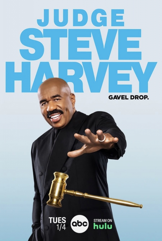Promotional image for Judge Steve Harvey; Gavel Drop with Harvey in a black suit holding a gold gavel against a light blue background.