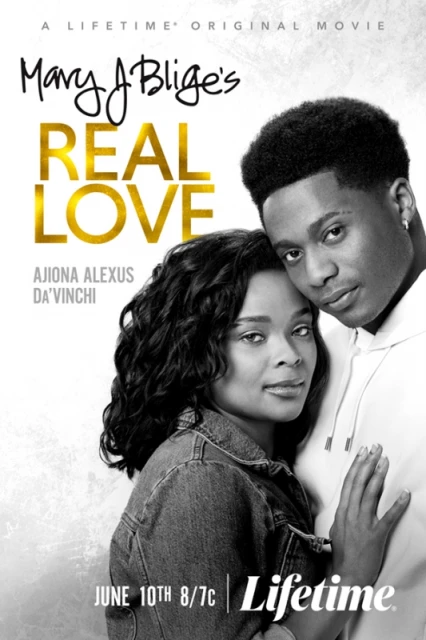 Movie poster for Mary J. Blige's Real Love. Poster features a young adult Black couple. Text includes movie title and actors.