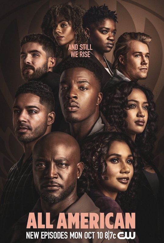 Promotional poster for 'All American' season featuring a diverse cast of nine adults with serious expressions and a muted color palette.