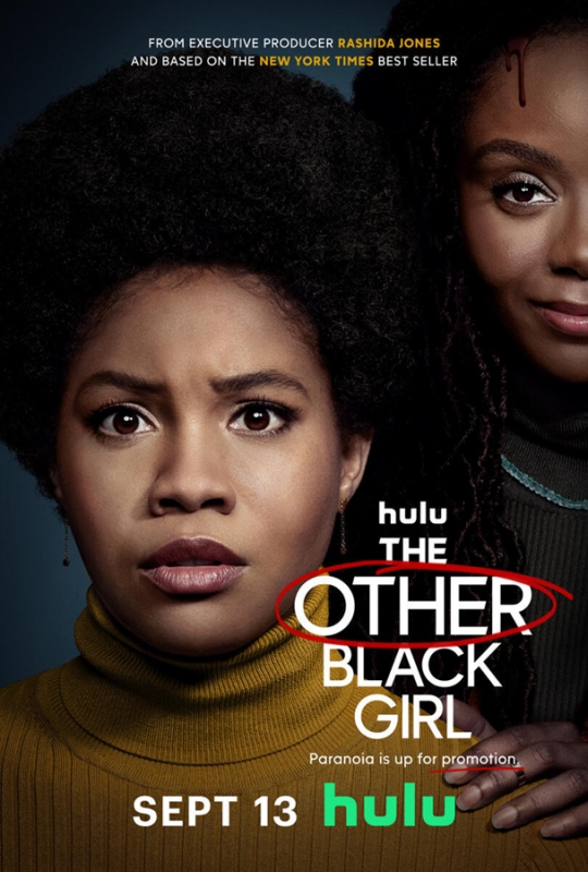Movie poster featuring two African American women, "The Other Black Girl" on Hulu, release date September 13. Dark teal color palette.