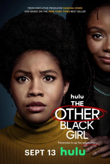 Movie poster featuring two African American women, "The Other Black Girl" on Hulu, release date September 13. Dark teal color palette.