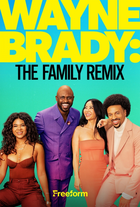 Promotional image for Wayne Brady: The Family Remix features Wayne Brady and three younger adults in front of a teal background.