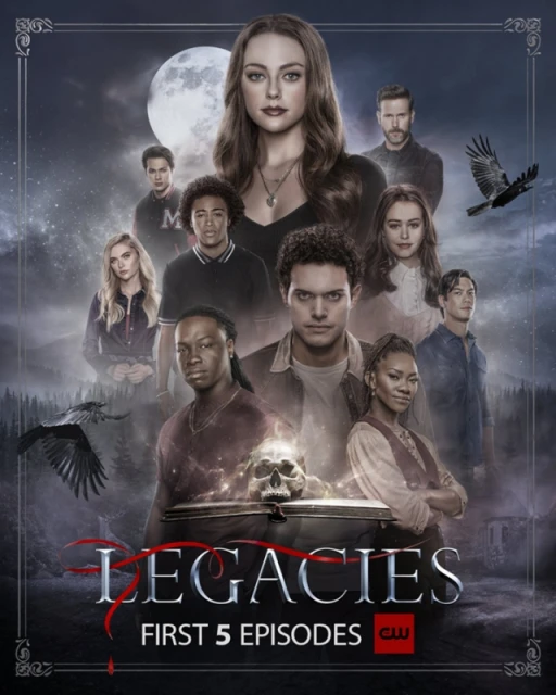 Promotional poster for 'Legacies' features 10 diverse cast members against a moonlit sky with gothic design elements and show logo.