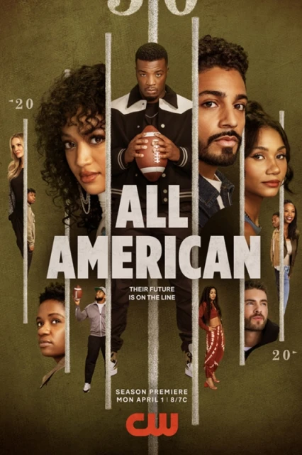 Promotional poster for 'All American' TV series featuring cast members arranged vertically, set against a neutral-tone football field background.