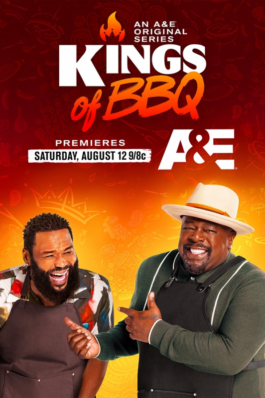 Promotional image for 'Kings of BBQ' on A&E, featuring Anthony Anderson and Cedric the Entertainer in aprons, set against a gradient orange background.