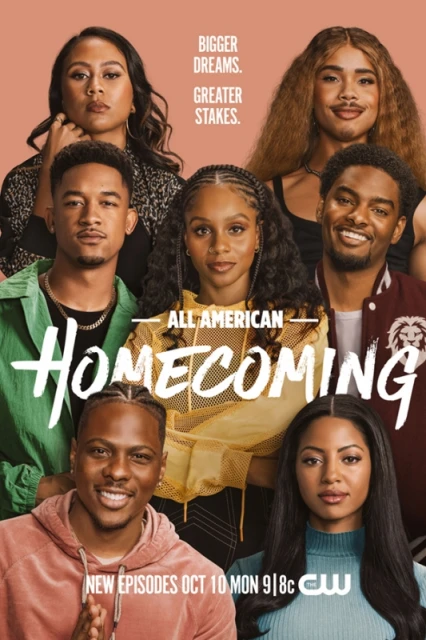 Promotional poster for 'All American: Homecoming' Season 2 featuring a diverse cast in a close-up shot against a peach background.