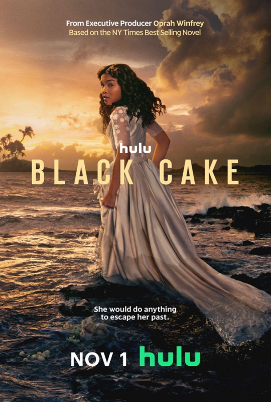 Movie poster for Black Cake featuring a woman in a flowing dress standing near the ocean at sunset, with the Hulu logo and release date.