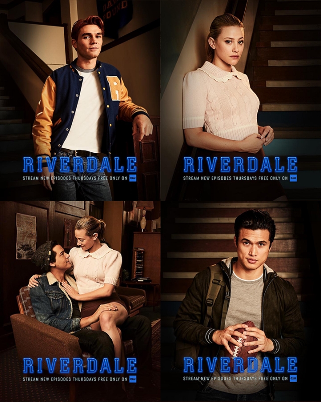 Promotional image for Riverdale featuring Archie, Betty, Jughead, and Reggie, each in individual portrait style compositions on a poster.