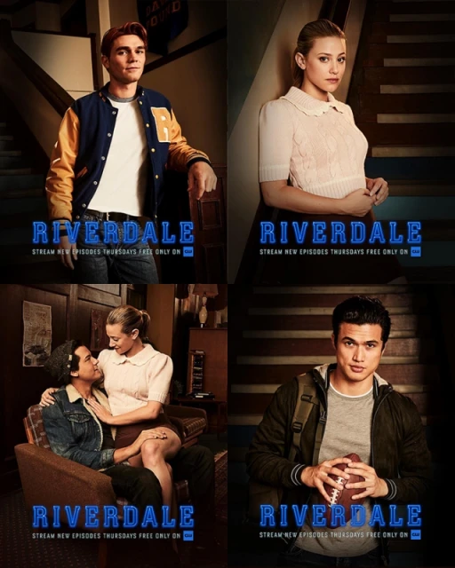 Promotional image for Riverdale featuring Archie, Betty, Jughead, and Reggie, each in individual portrait style compositions on a poster.