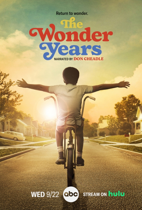 TV series poster featuring a young boy riding a bike down a suburban street towards a sunlit horizon, promoting 'The Wonder Years'.