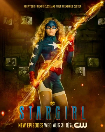 Poster for Stargirl series features actress in superhero costume with blonde hair holding a staff, with text and small TV screens.