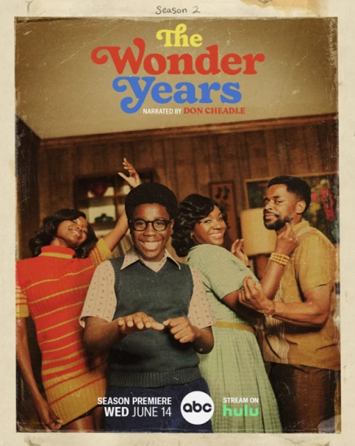 Promotional poster for 'The Wonder Years' Season 2 features four African American individuals in retro clothing set in a 1960s-era home.
