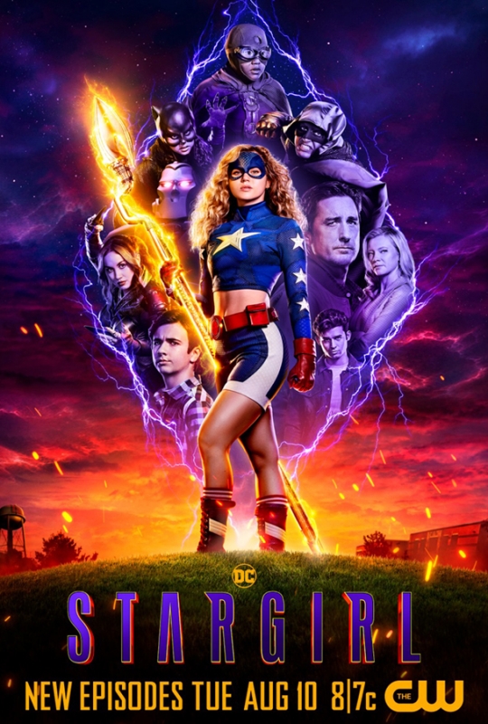 Promotional poster for the TV series Stargirl, featuring the titular superheroine and other characters with electrical storm effects.