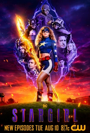 Promotional poster for the TV series Stargirl, featuring the titular superheroine and other characters with electrical storm effects.