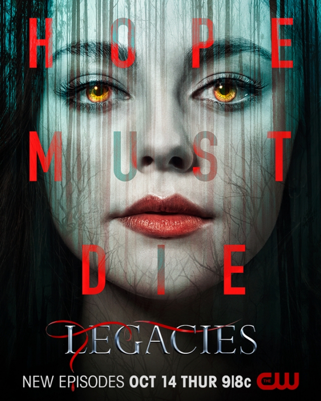 A promotional image for the TV show Legacies featuring a woman's face with golden eyes and the words 'Hope Must Die' overlaid on her face.