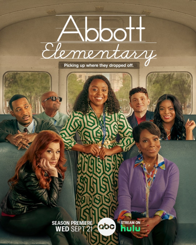 Promotional image for Abbott Elementary features the cast on a bus: several adults, smiling, looking toward the camera in medium shot.