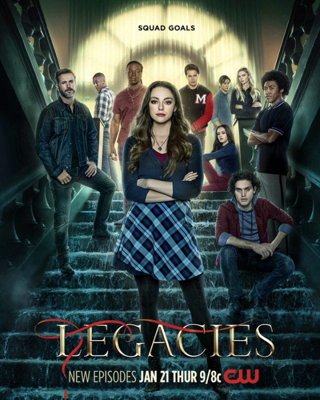 Promotional image for Legacies features a diverse cast of young adults standing on staircase steps, promoting new episodes on CW network.