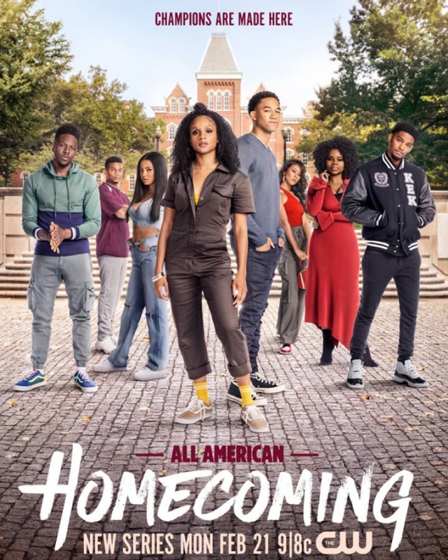 Promotional poster for 'All American: Homecoming' TV series featuring a diverse cast of young adult actors in a collegiate setting.