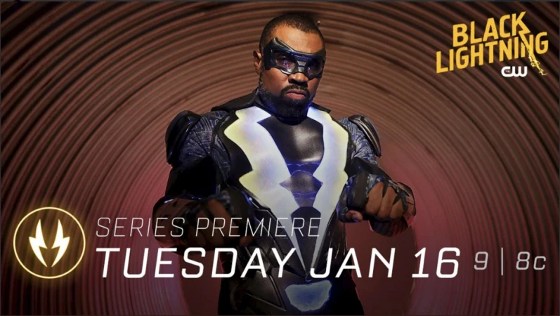 Poster for the TV show Black Lightning, featuring a costumed adult male in black and white armor with an abstract orange vortex background.