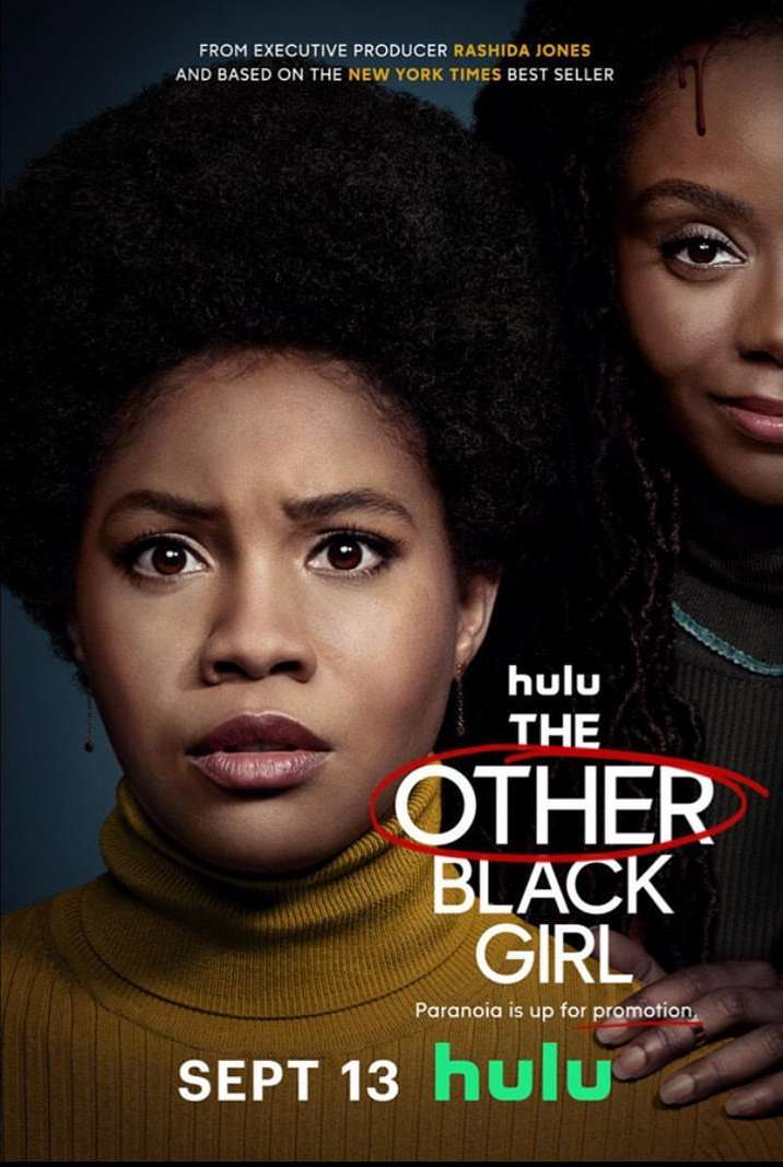 Movie poster for Hulu's 'The Other Black Girl' featuring two African American women with large afro hairstyles. The title is circled in red.