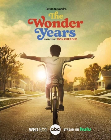 TV show poster: a child rides a bike on a street with houses under a sky with a show title, 'The Wonder Years'.