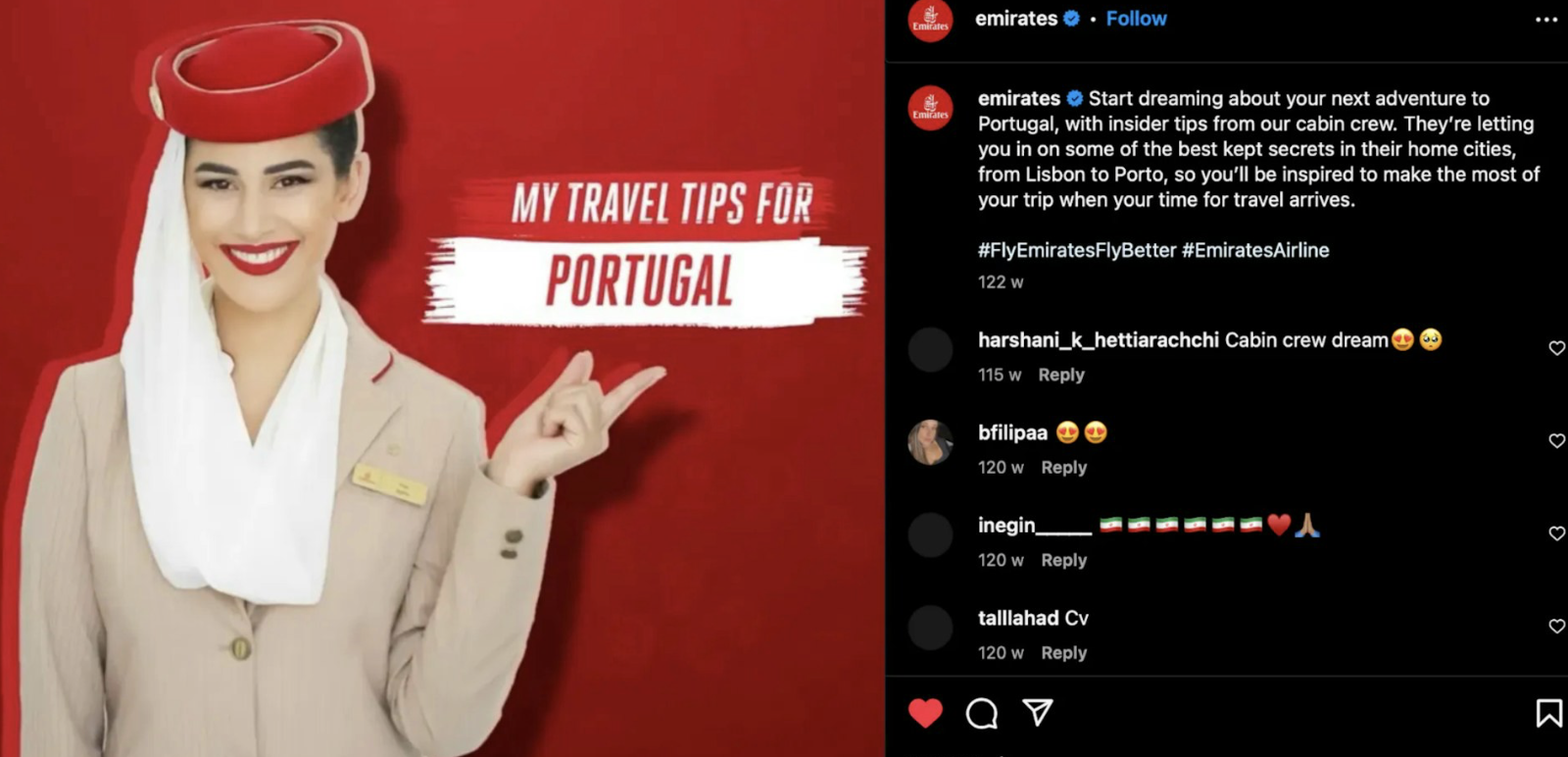 Smiling Emirates flight attendant in uniform points to travel tips for Portugal; red background, close-up, medium shot, travel concept.