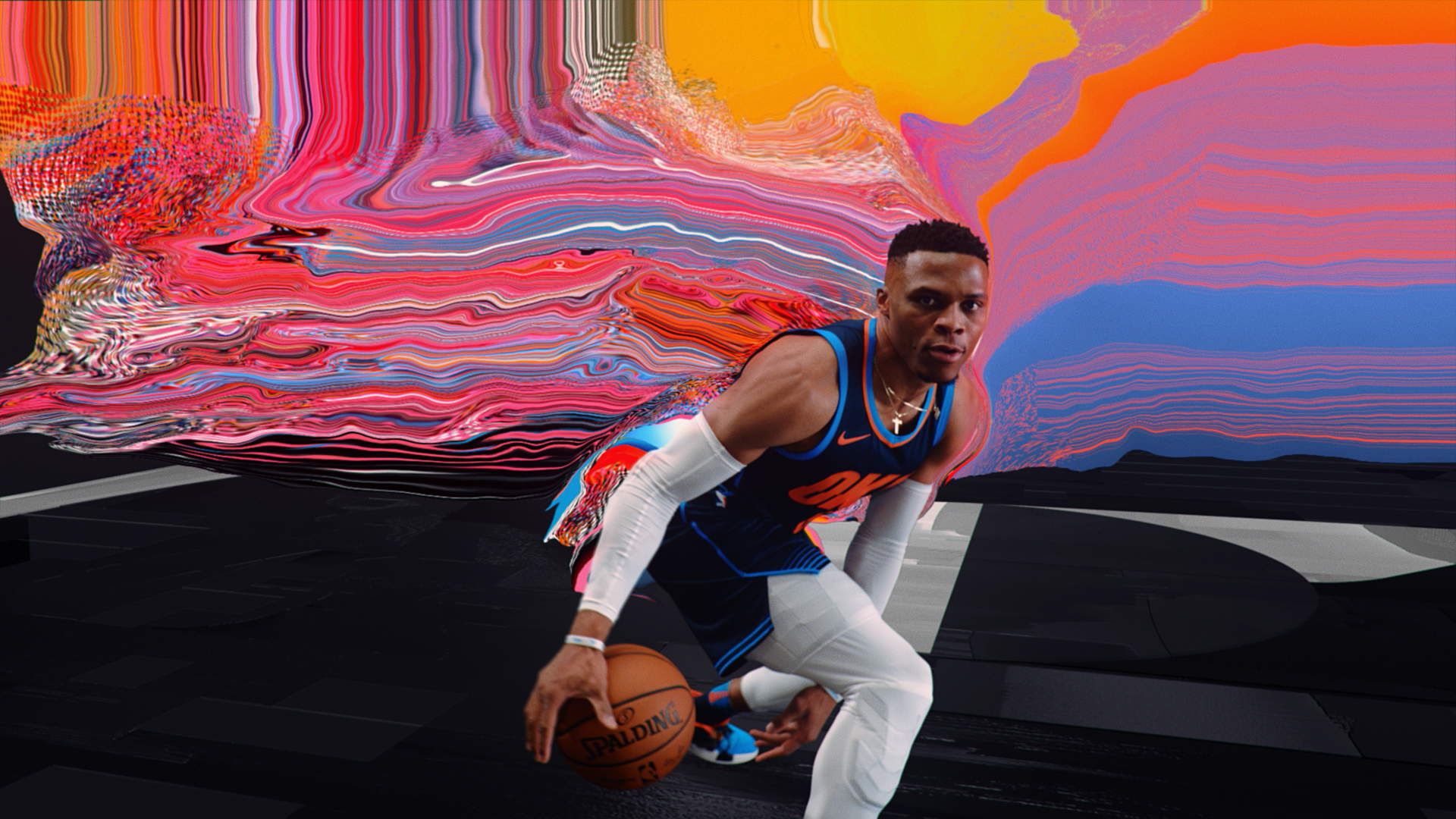 An adult male basketball player dribbles the ball in a sports setting with a unique abstract artistic background and color scheme.
