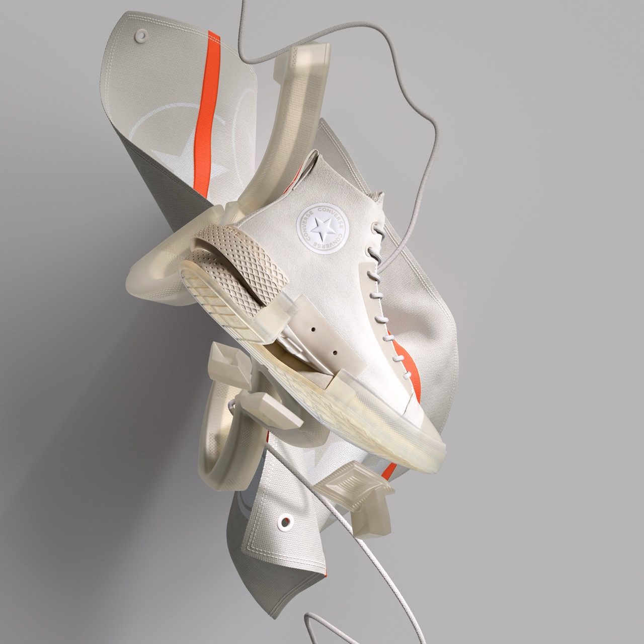 Elevated view of a white Converse high-top sneaker floating above a deconstructed white bag with orange accents against a grey backdrop.