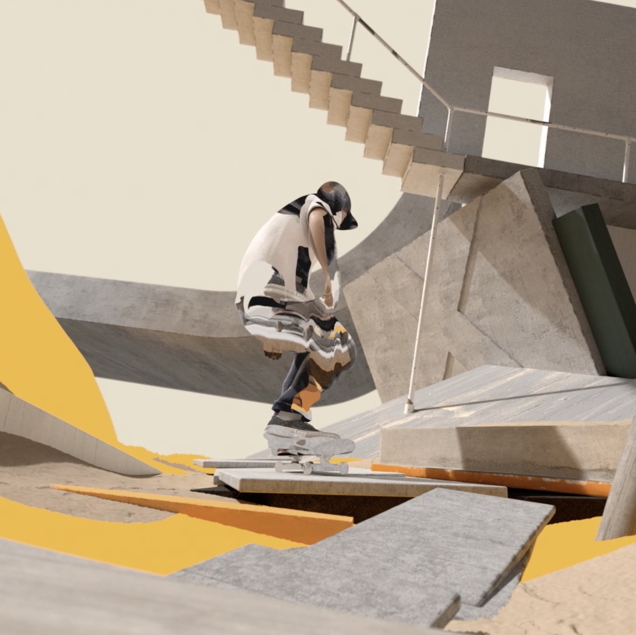 Person skateboarding on a concrete ramp with stairs in the background. The scene features architectural elements and warm, neutral colors.