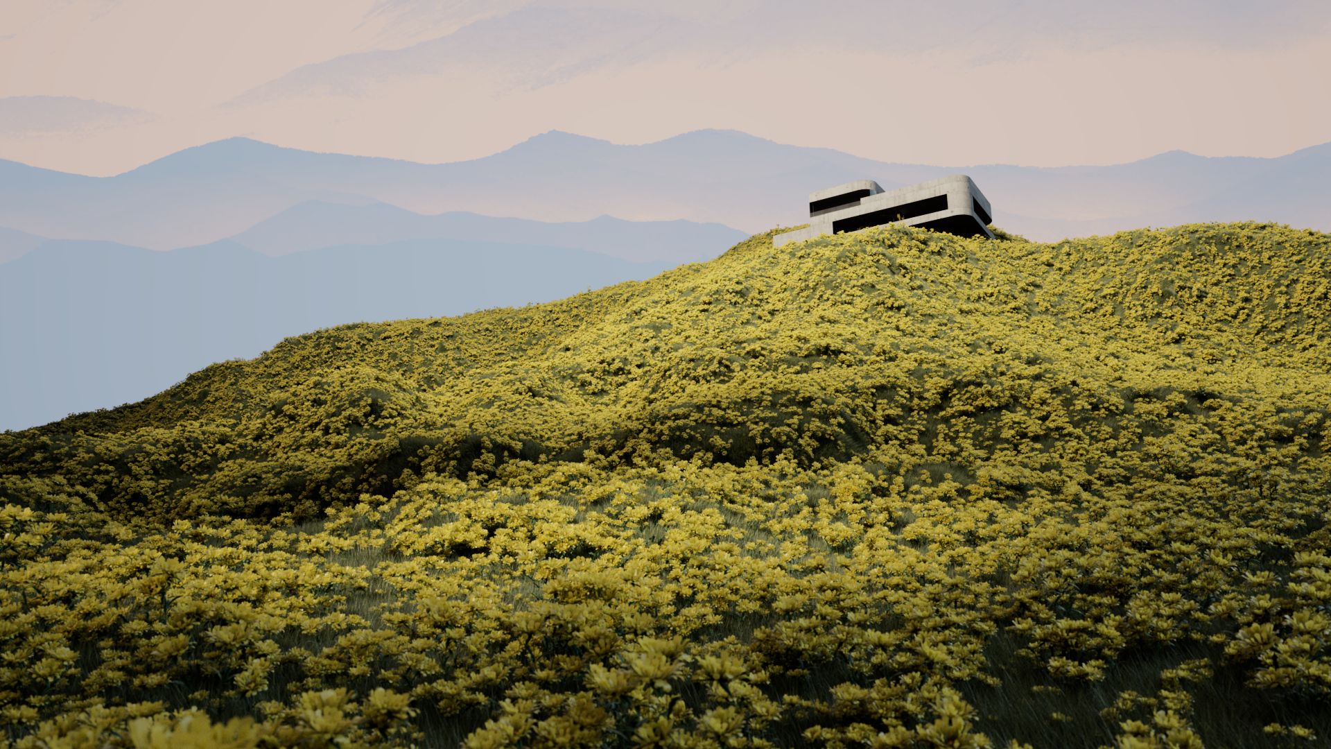 Exterior view of a modern house on a green, flower-covered hilltop, with distant mountains under a pastel sky in the background.