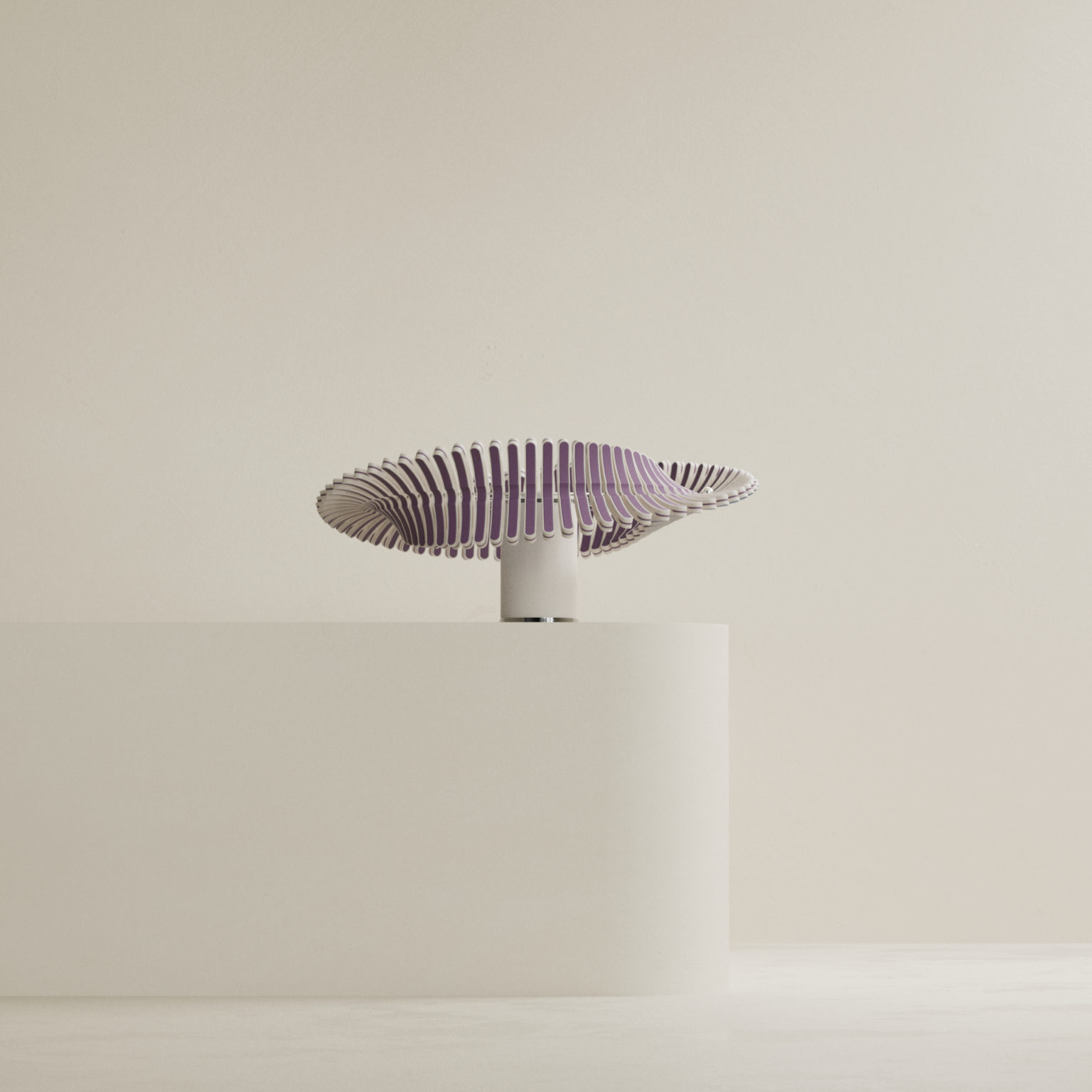 Minimalist product shot of a modern sculptural lamp in light purple and white, set against a neutral background in a well-lit studio.