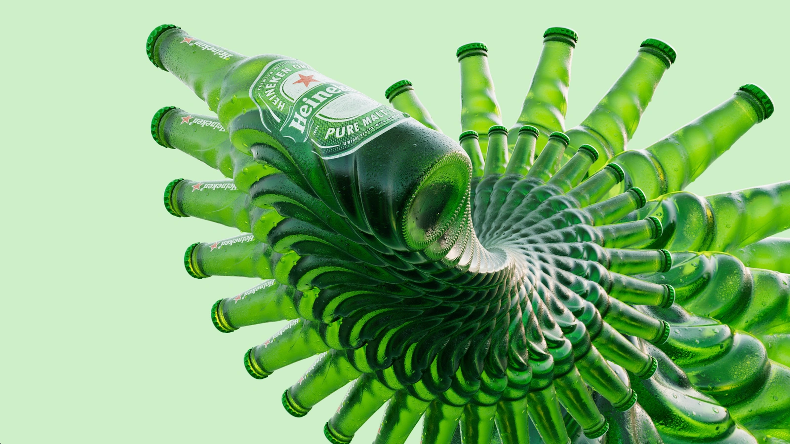 3D CGI rendering of green Heineken beer bottles arranged in a hypnotic twisting spiral pattern against a light green background.