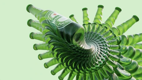 3D CGI rendering of green Heineken beer bottles arranged in a hypnotic twisting spiral pattern against a light green background.