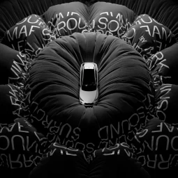 Top-down view of a white car centered within folded dark fabric patterned with Mark Levinson surround sound typography.