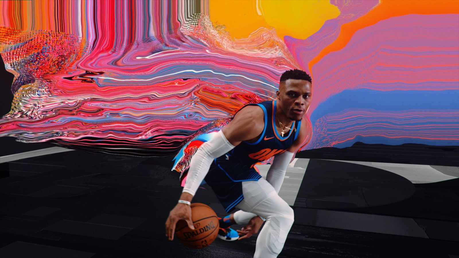 Russell Westbrook in an Oklahoma City Thunder jersey dribbles a basketball amidst vibrant pink and orange pixel-sorting visual effects.