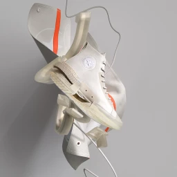 3D digital render of a deconstructed off-white high-top sneaker with floating translucent sole elements against a grey backdrop.