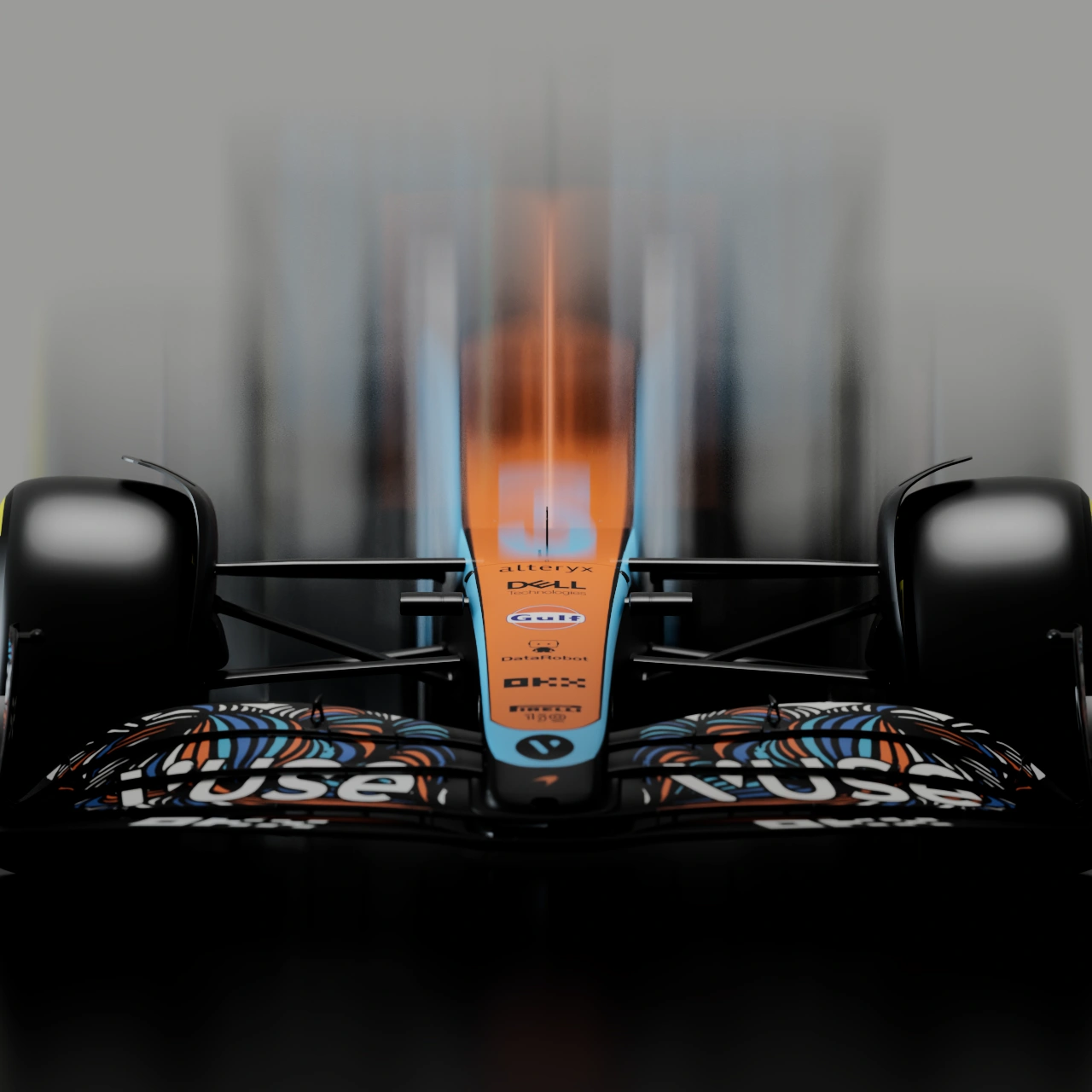 Front view CGI render of a Formula 1 race car with papaya orange and blue livery and patterned front wing against a misty background.